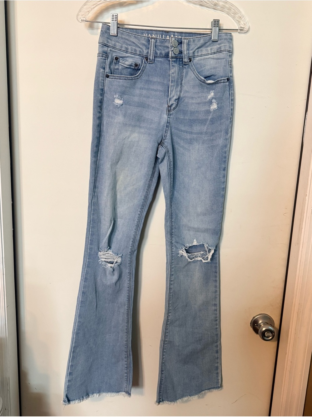 Vanilla Star Light Wash Distressed Flare Jeans - Light Blue Sz 1